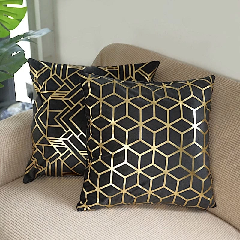 4 Velvet 18x18 In Square Throw Pillow Covers With Gold Geometric Print - Image 14