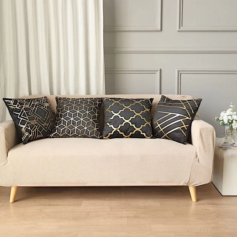 4 Velvet 18x18 In Square Throw Pillow Covers With Gold Geometric Print - Image 13