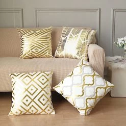 4 Velvet 18x18 In Square Throw Pillow Covers With Gold Geometric Print
