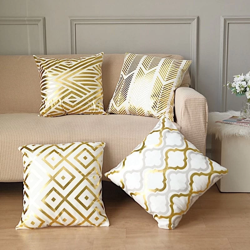 4 Velvet 18x18 In Square Throw Pillow Covers With Gold Geometric Print