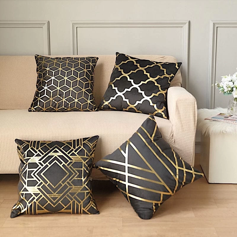 4 Velvet 18x18 In Square Throw Pillow Covers With Gold Geometric Print - Image 11