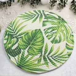 4 Green 15 In Round Woven Cotton Placemats With Tropical Leaf Design
