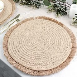 4 Natural 15 In Round Burlap Jute Placemats With Fringed Trim
