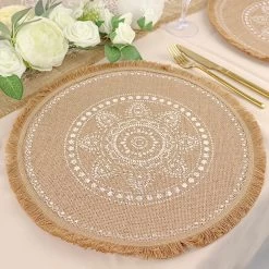 4 Natural 15 In Round Burlap Jute Placemats With White Prints And Fringe Tassel Trim