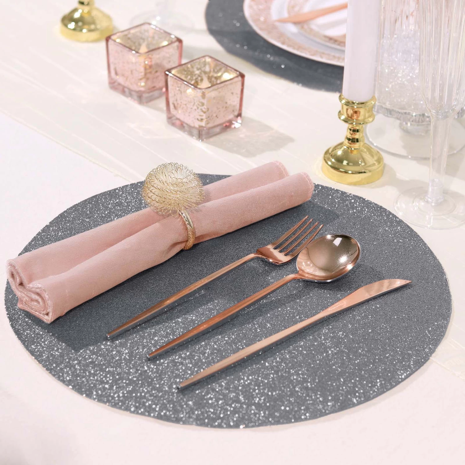 6 Pcs 13 In Round Glitter Faux Leather Placemats - Image 4