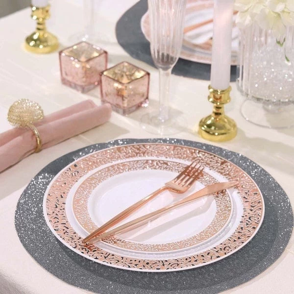 6 Pcs 13 In Round Glitter Faux Leather Placemats - Image 5