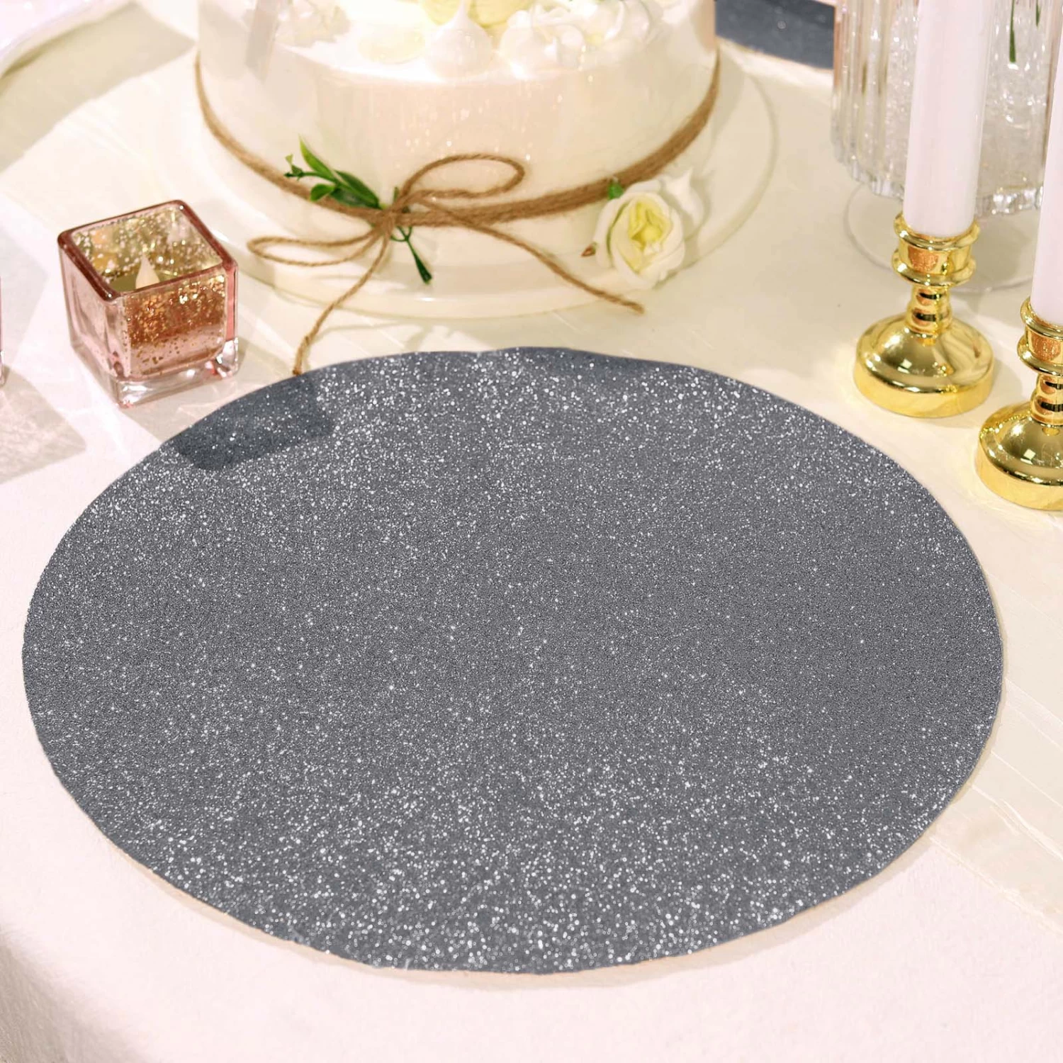 6 Pcs 13 In Round Glitter Faux Leather Placemats