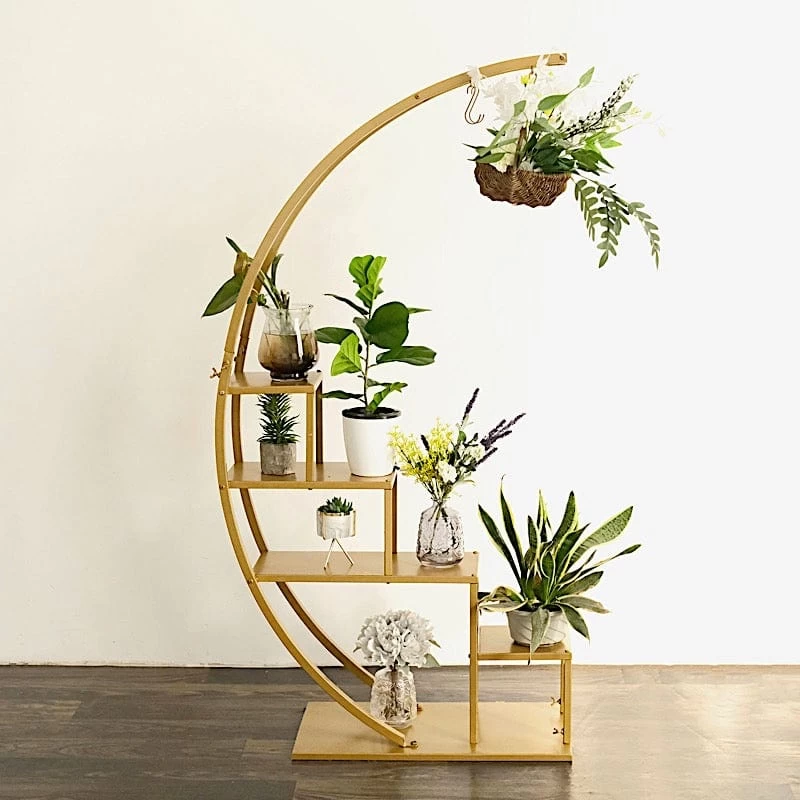 4.5 Feet Gold 4 Tier Metal Display Stand Half Moon Ladder Plant Shelf Rack - Image 2