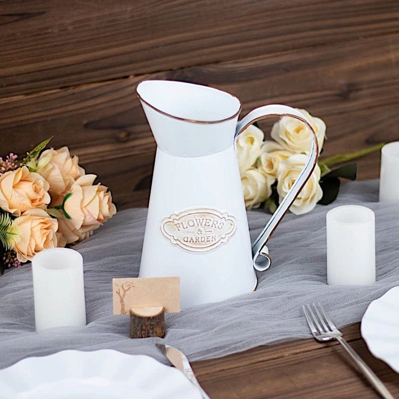 9" White Vintage Metal Garden Water Pitcher Decorative Centerpiece - Image 3