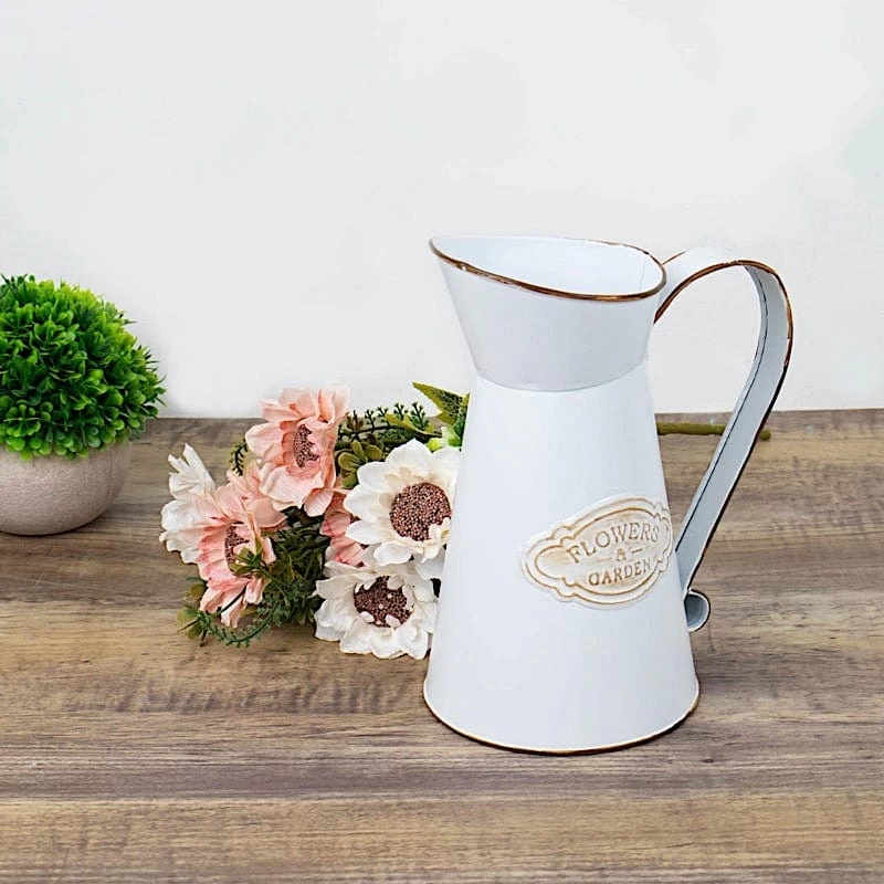9" White Vintage Metal Garden Water Pitcher Decorative Centerpiece - Image 9