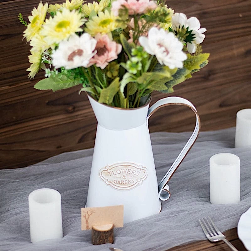 9" White Vintage Metal Garden Water Pitcher Decorative Centerpiece - Image 7