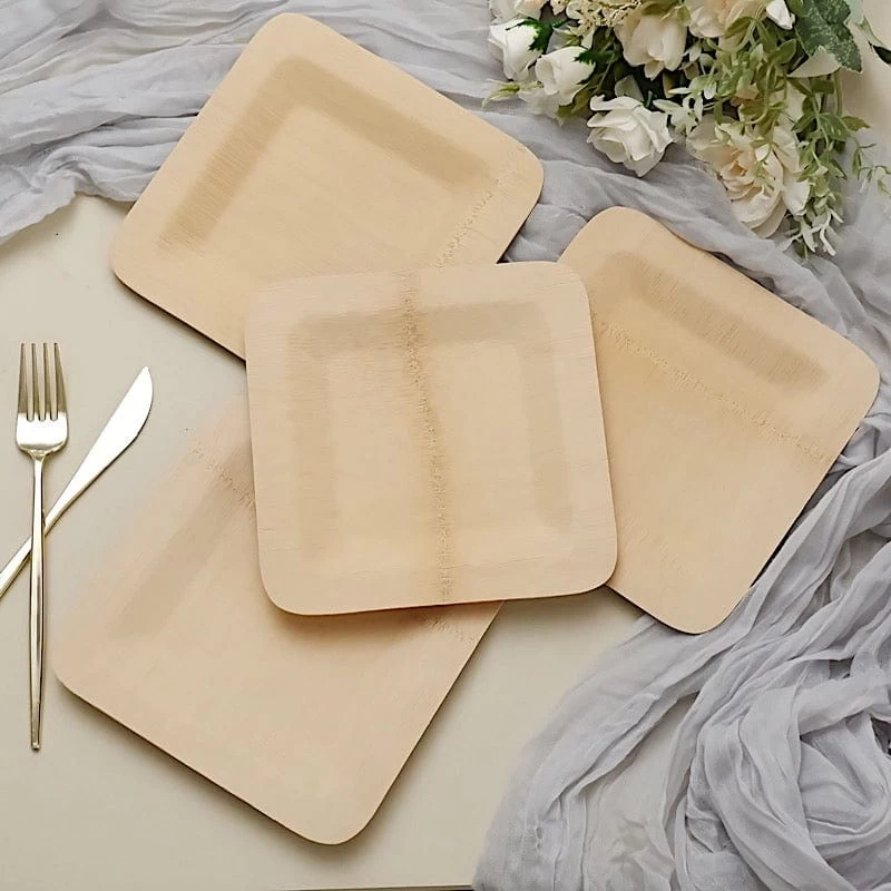 10 Pcs 9" Natural Sustainable Bamboo Square Plates - Image 2