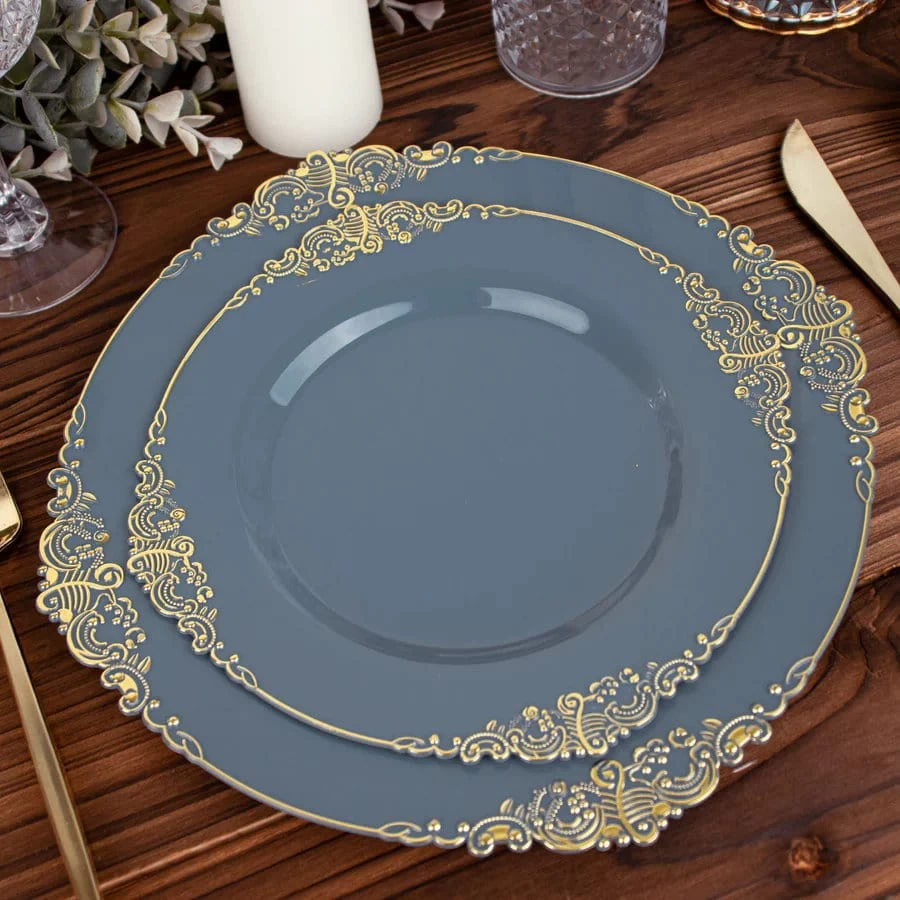 10 Round Disposable Plastic Salad Dinner Plates With Embossed Baroque Trim - Image 12