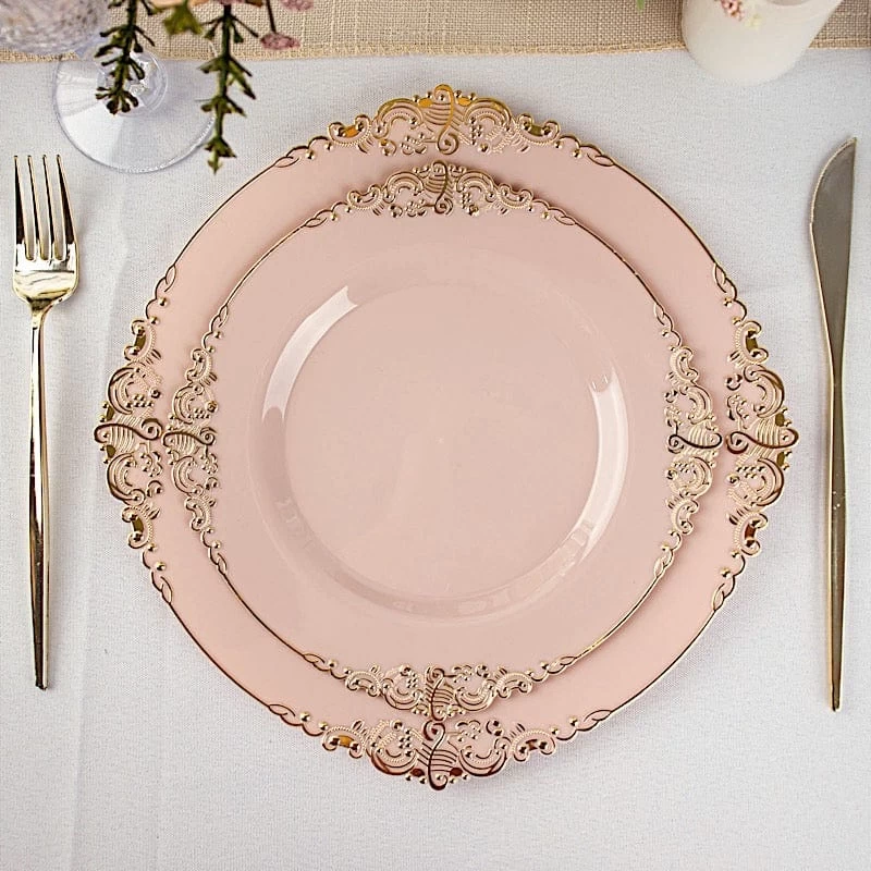 10 Round Disposable Plastic Salad Dinner Plates With Embossed Baroque Trim