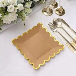 25 Natural Square Disposable Dinner Salad Paper Plates With Gold Scalloped Trim