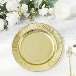 25 Round Metallic Disposable Dinner Salad Paper Plates With Textured Trim