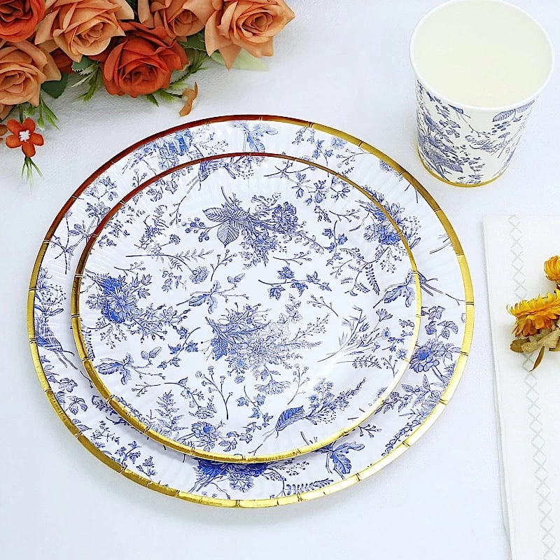 25 White Round Disposable Paper Plates With Blue Floral Design - Image 6