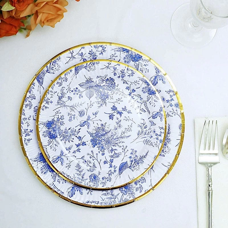 25 White Round Disposable Paper Plates With Blue Floral Design - Image 3