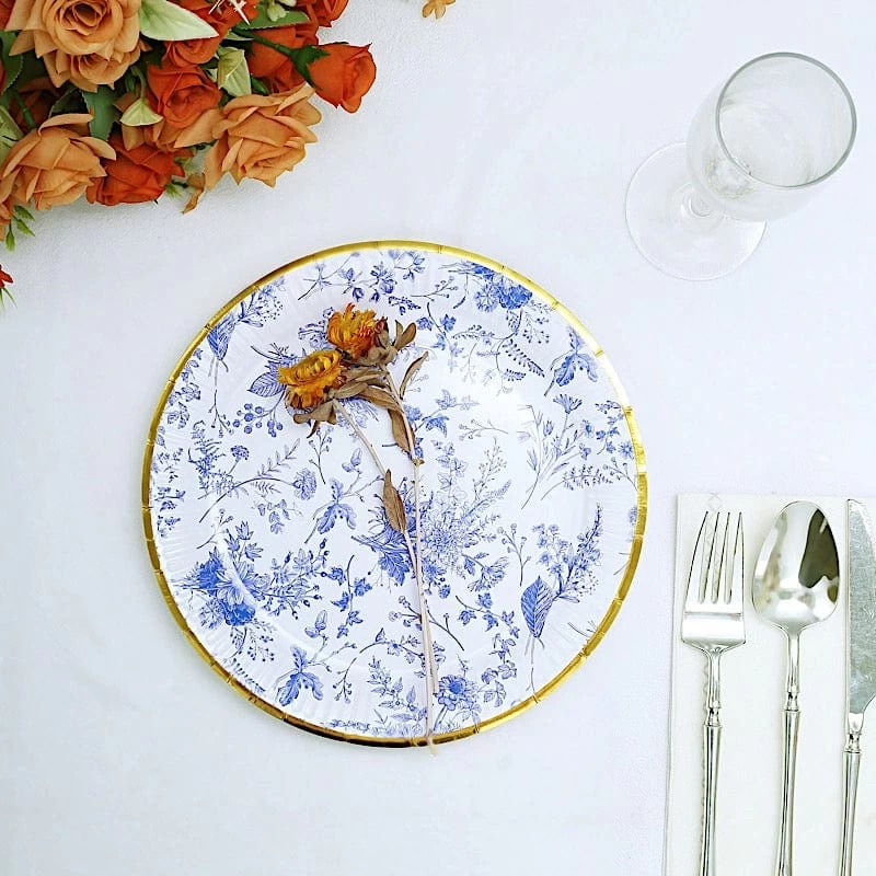 25 White Round Disposable Paper Plates With Blue Floral Design - Image 16