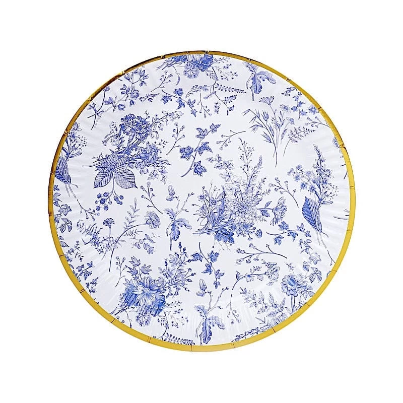 25 White Round Disposable Paper Plates With Blue Floral Design - Image 14