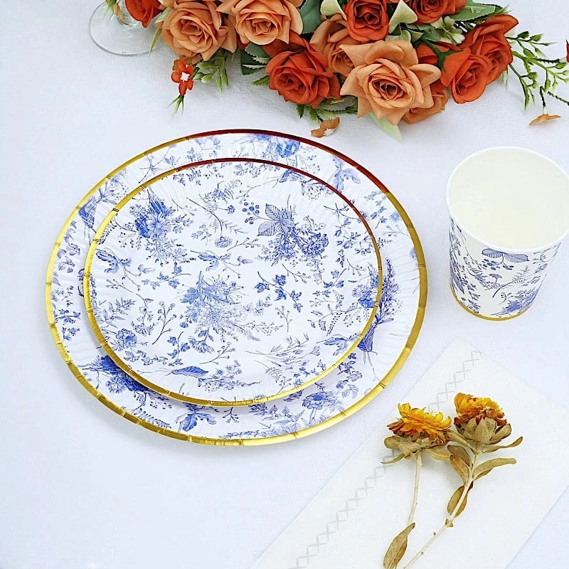25 White Round Disposable Paper Plates With Blue Floral Design - Image 13