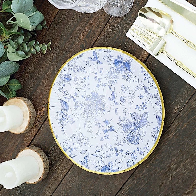 25 White Round Disposable Paper Plates With Blue Floral Design - Image 12