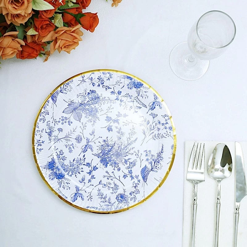 25 White Round Disposable Paper Plates With Blue Floral Design - Image 18
