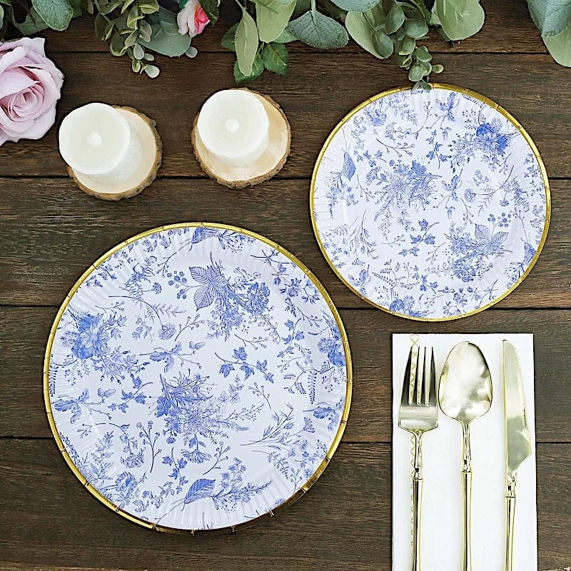 25 White Round Disposable Paper Plates With Blue Floral Design - Image 17