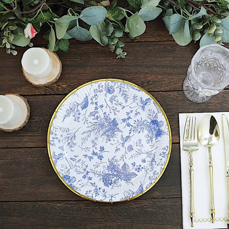 25 White Round Disposable Paper Plates With Blue Floral Design - Image 19