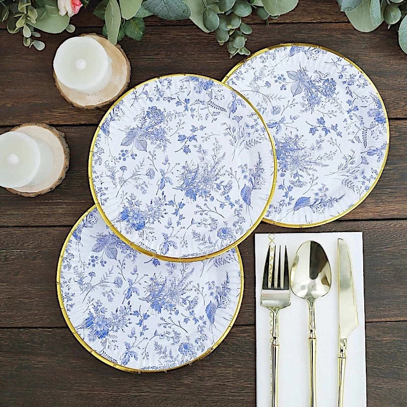 25 White Round Disposable Paper Plates With Blue Floral Design - Image 7