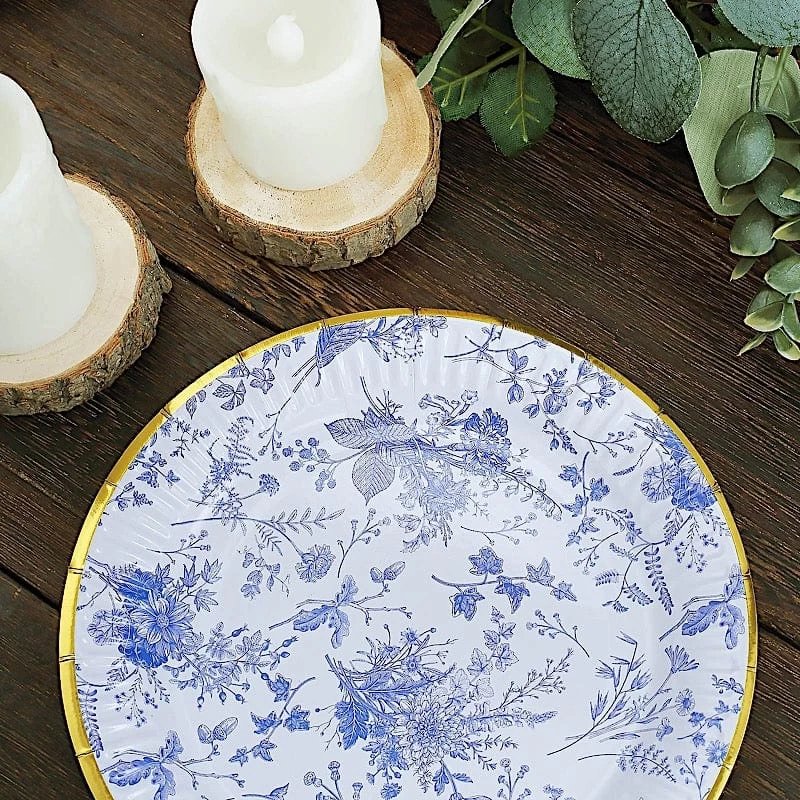 25 White Round Disposable Paper Plates With Blue Floral Design - Image 9