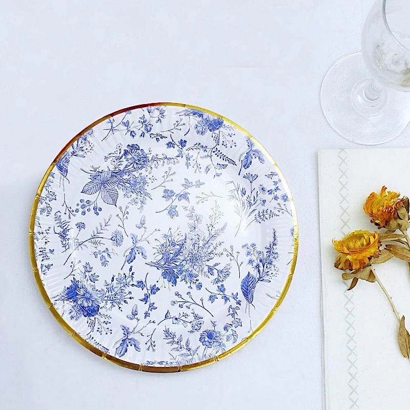25 White Round Disposable Paper Plates With Blue Floral Design