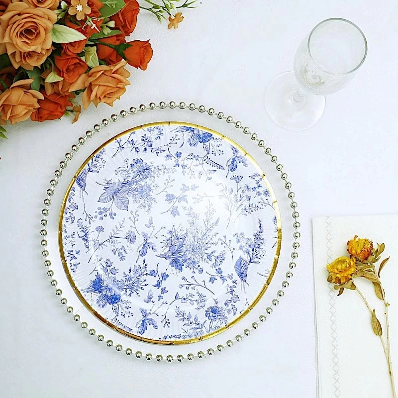 25 White Round Disposable Paper Plates With Blue Floral Design - Image 10