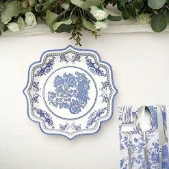 25 White With Blue Floral Disposable Dessert Dinner Paper Plates With Scallop Trim