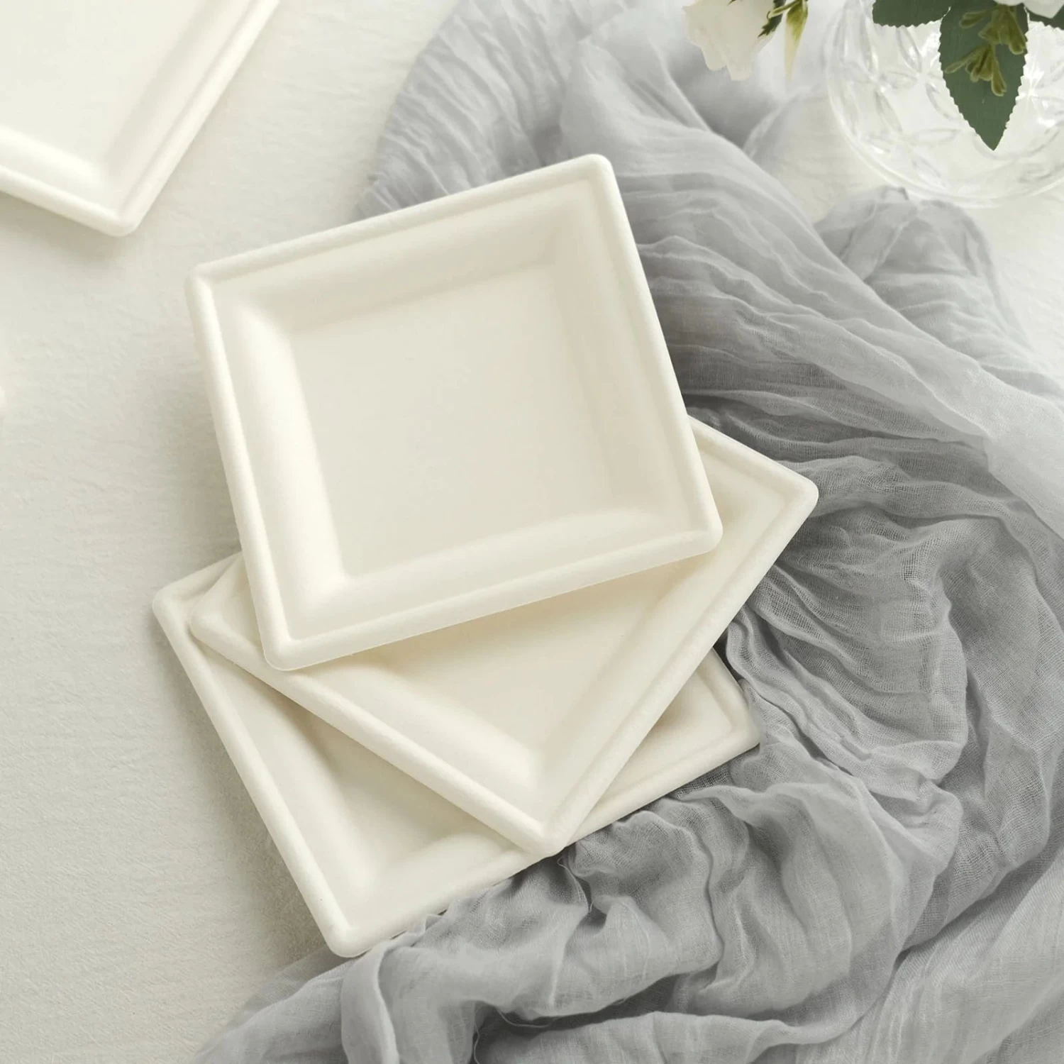 50 White Square Sustainable Bagasse Disposable Salad Dinner Plates - Image 3