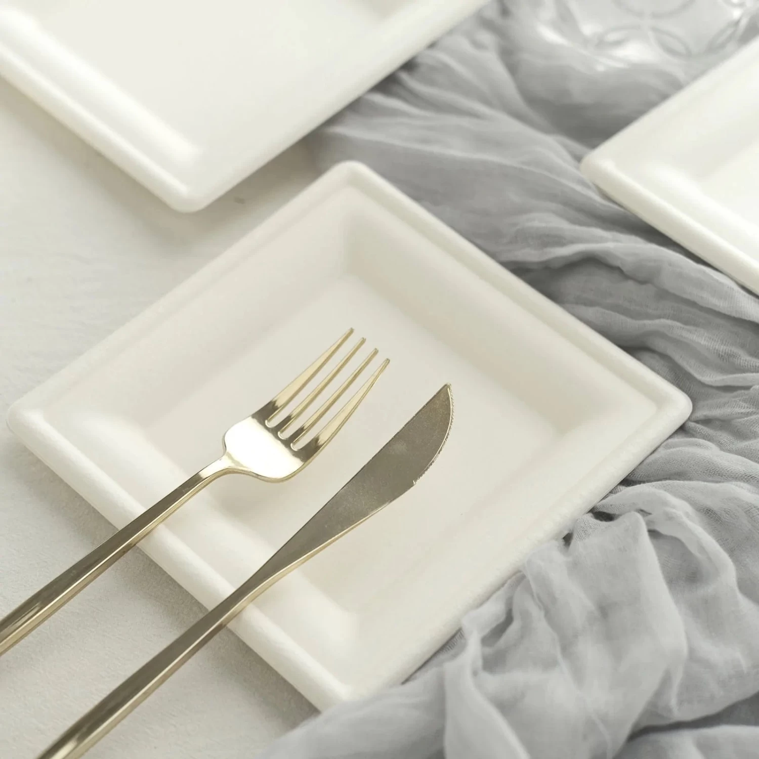 50 White Square Sustainable Bagasse Disposable Salad Dinner Plates - Image 4