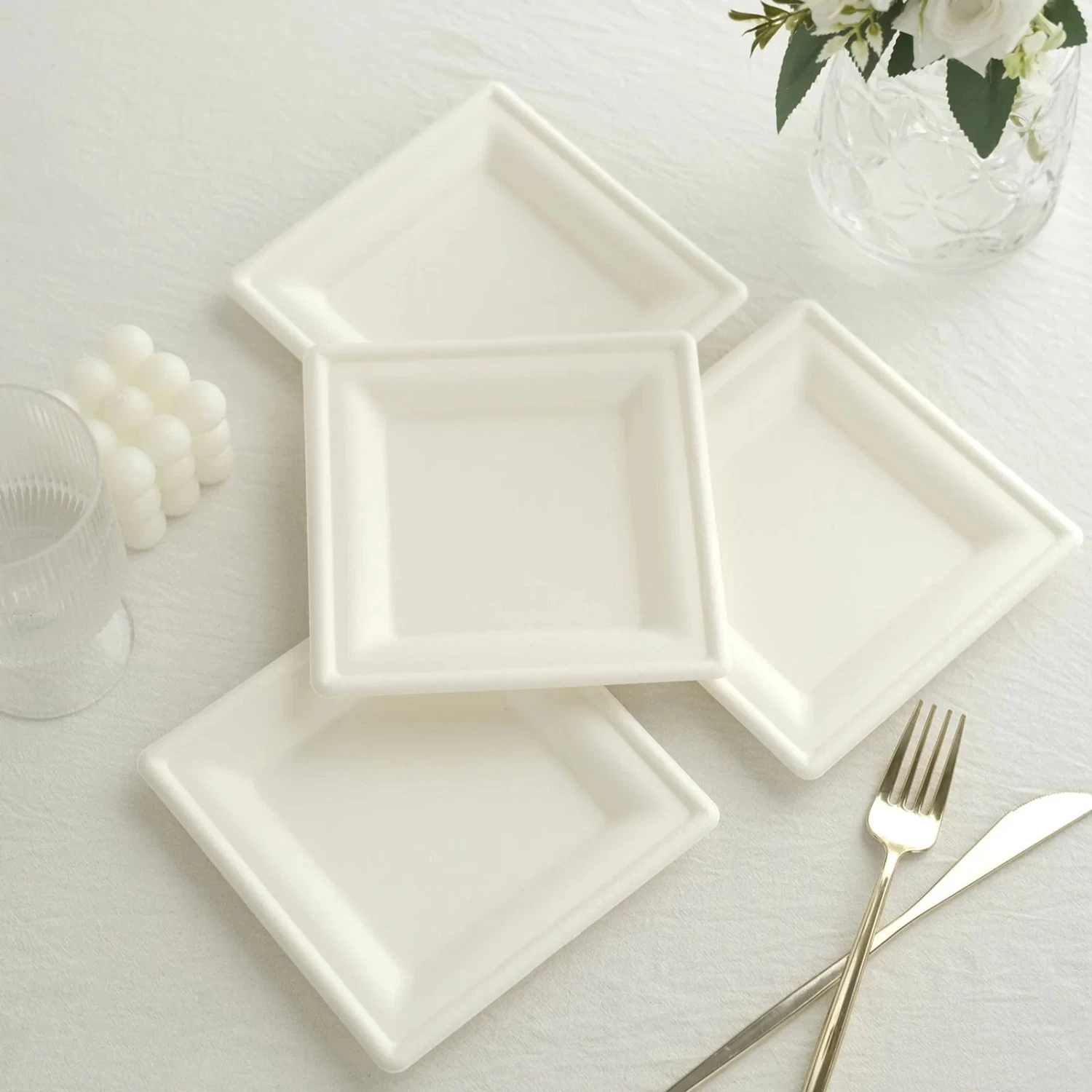 50 White Square Sustainable Bagasse Disposable Salad Dinner Plates - Image 6