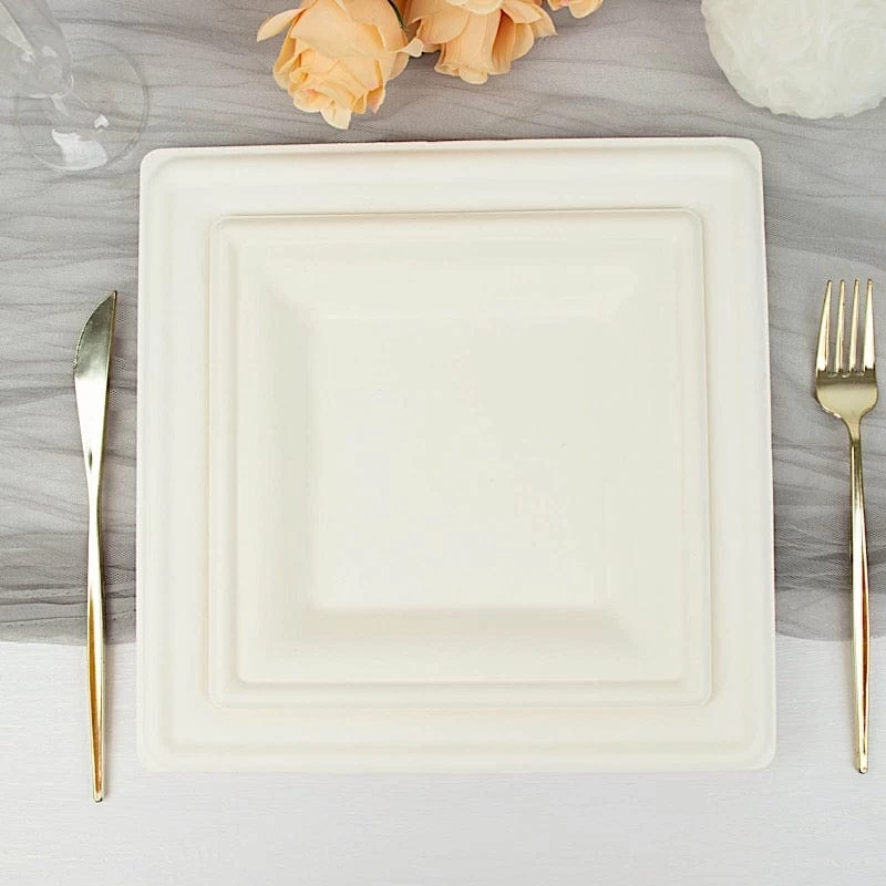50 White Square Sustainable Bagasse Disposable Salad Dinner Plates - Image 18