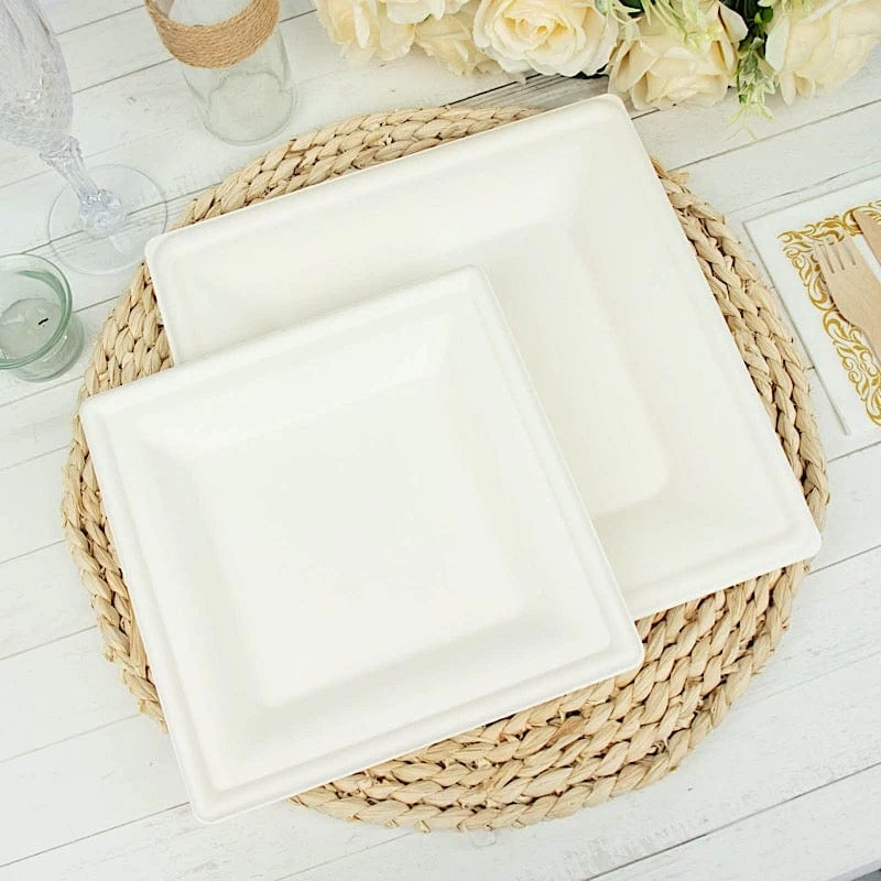 50 White Square Sustainable Bagasse Disposable Salad Dinner Plates - Image 15