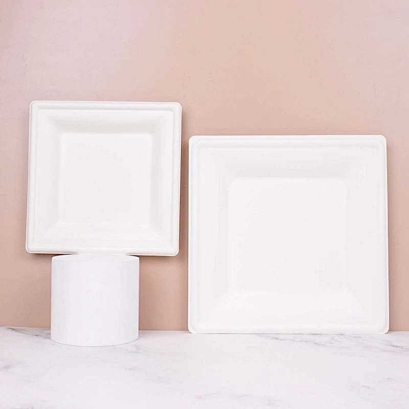 50 White Square Sustainable Bagasse Disposable Salad Dinner Plates - Image 19