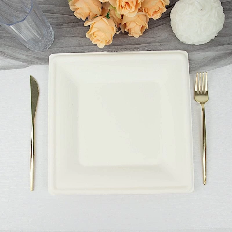 50 White Square Sustainable Bagasse Disposable Salad Dinner Plates - Image 10