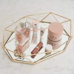 Gold 14x9 In Mirrored Metal Geometric Decorative Serving Tray