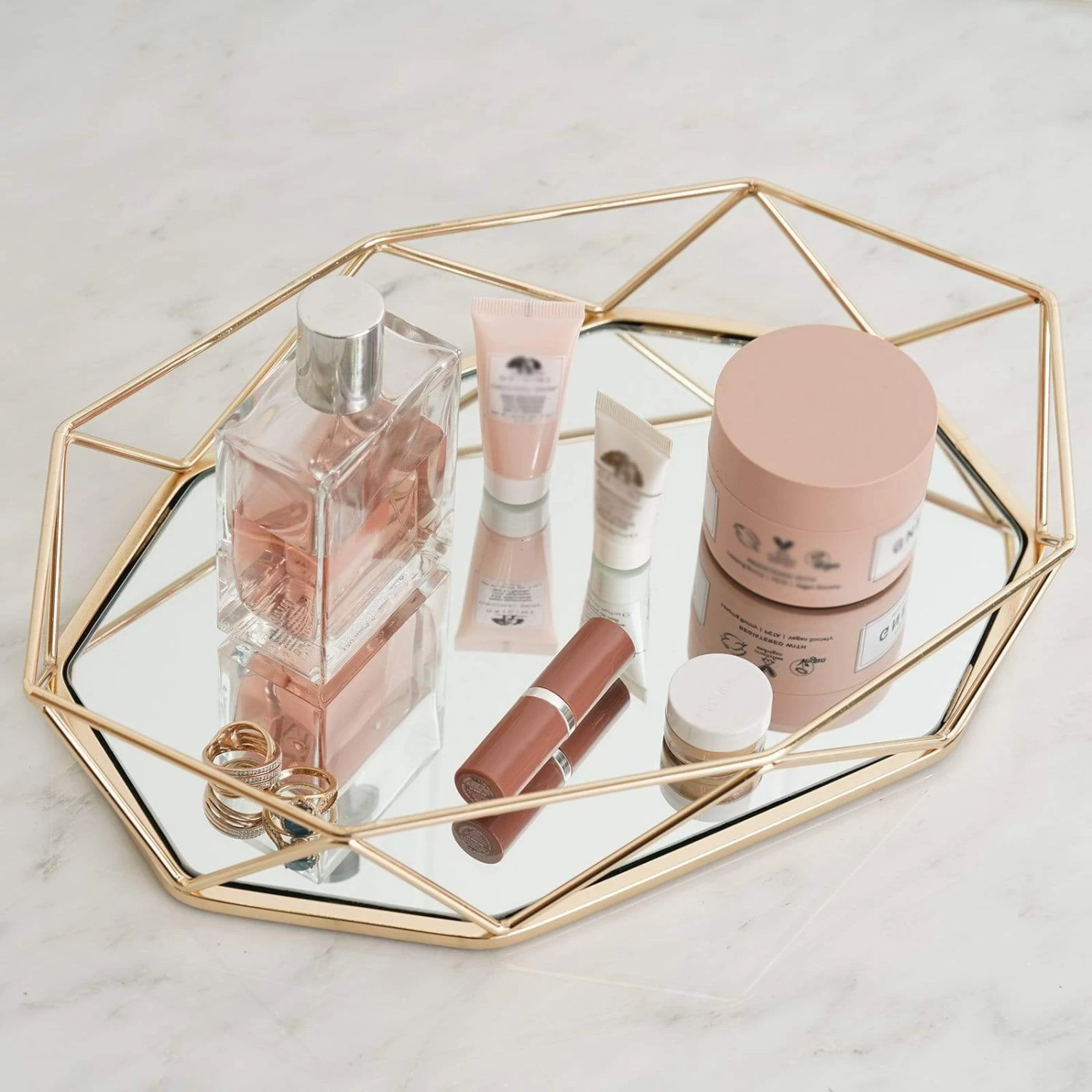 Gold 14x9 In Mirrored Metal Geometric Decorative Serving Tray