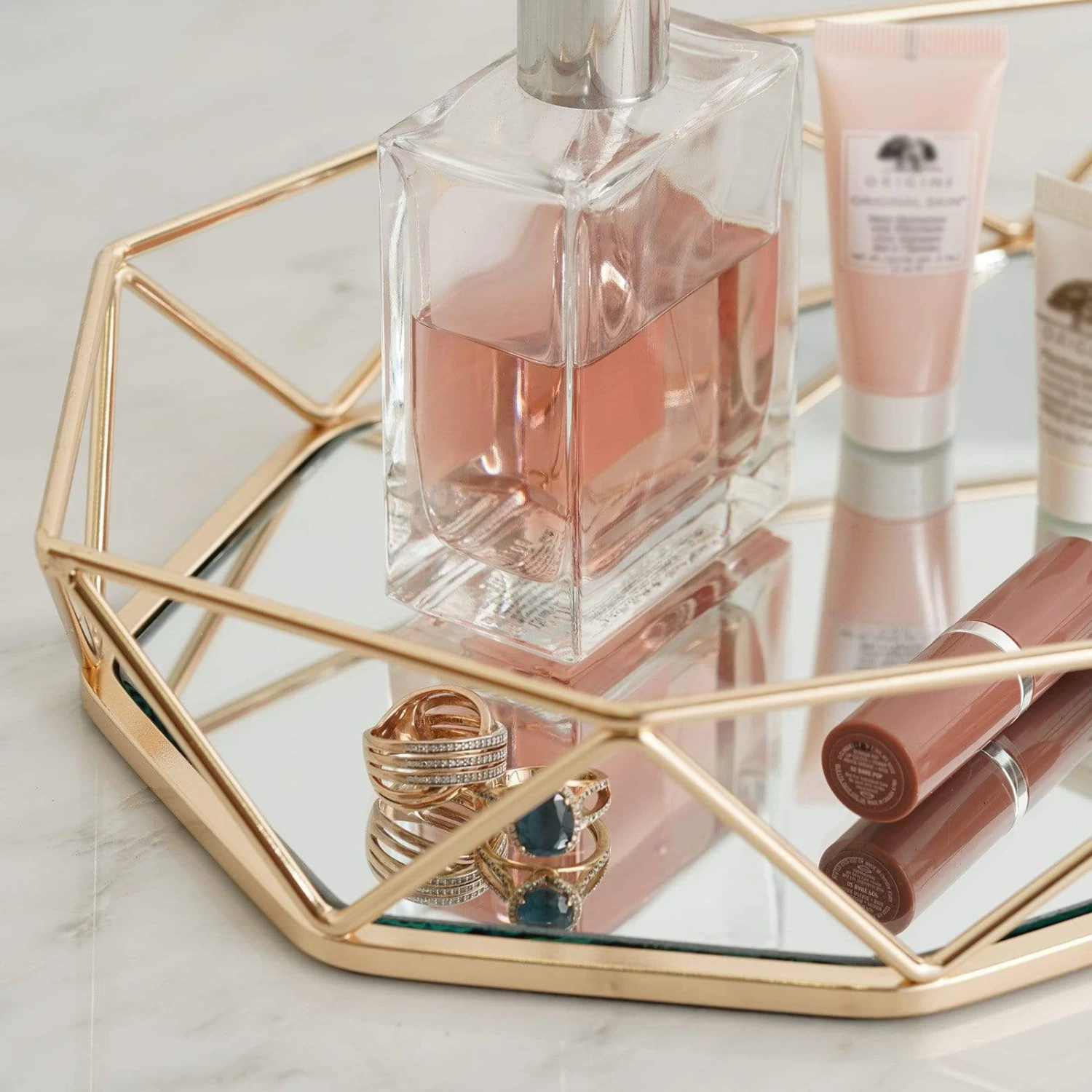 Gold 14x9 In Mirrored Metal Geometric Decorative Serving Tray - Image 4