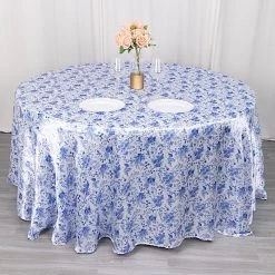 120 In White Satin Round Tablecloth With Blue Floral Print