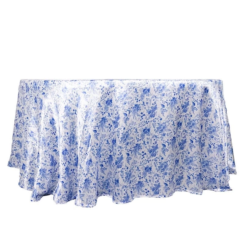 120 In White Satin Round Tablecloth With Blue Floral Print - Image 6