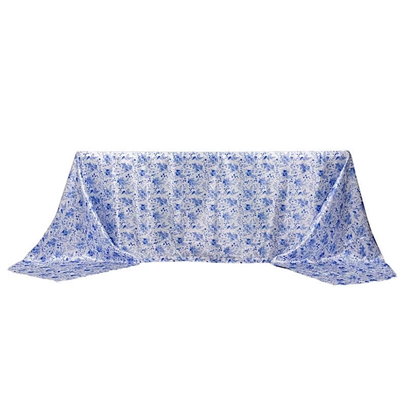 90x156 In White Satin Rectangle Tablecloth With Blue Floral Print - Image 11