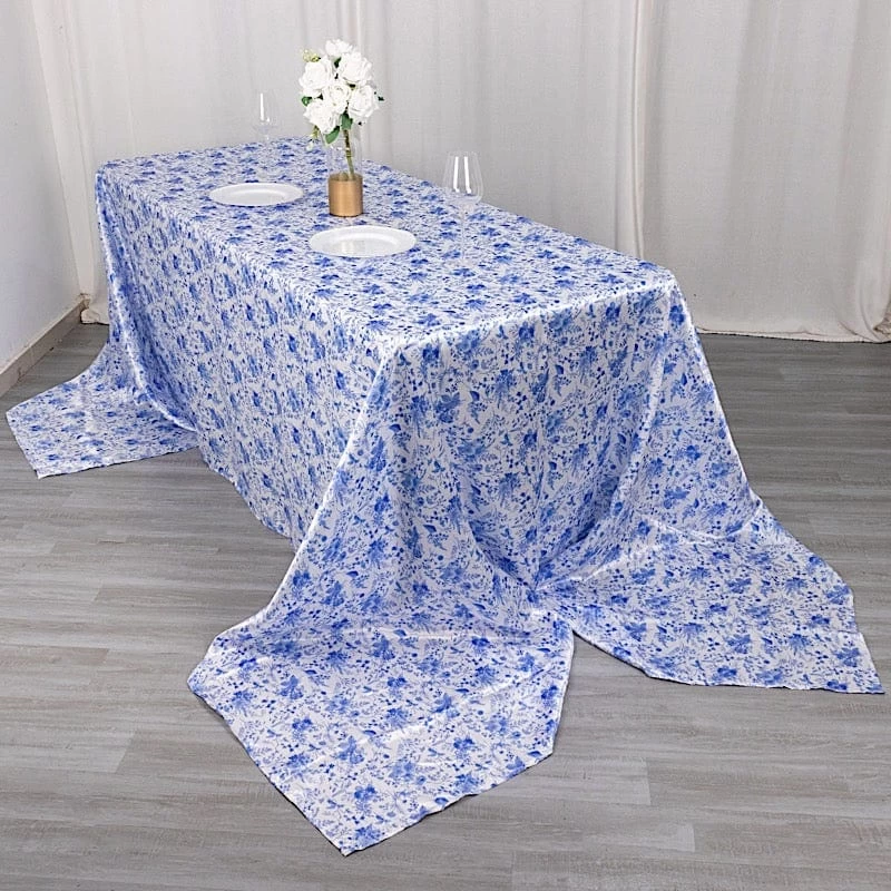 90x156 In White Satin Rectangle Tablecloth With Blue Floral Print - Image 2