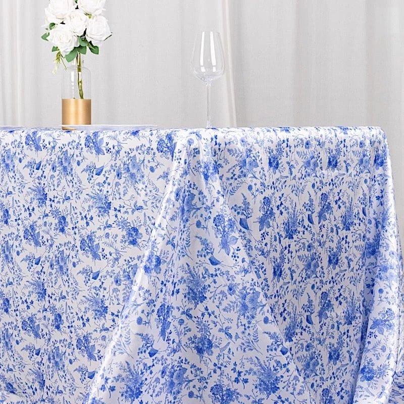 90x156 In White Satin Rectangle Tablecloth With Blue Floral Print - Image 7