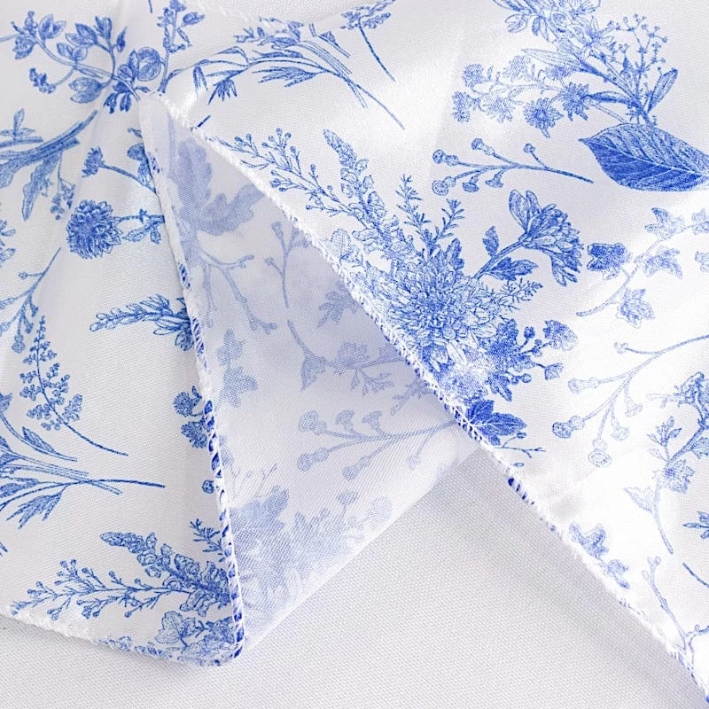 90x156 In White Satin Rectangle Tablecloth With Blue Floral Print - Image 9